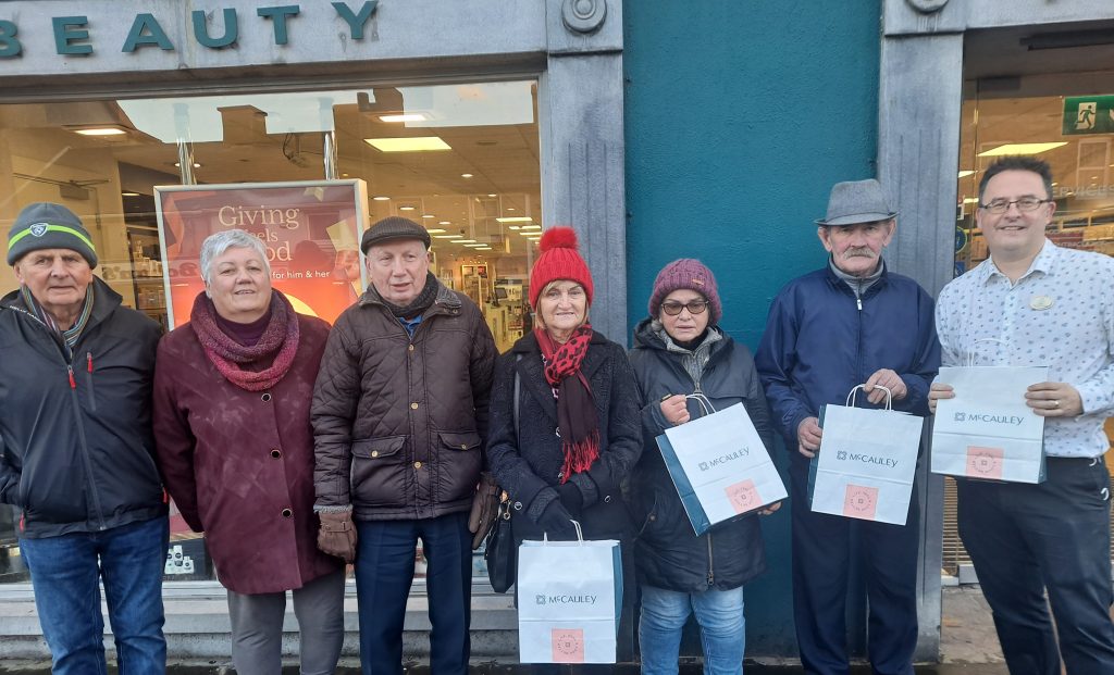 Presentation from Brian Whelan McCauley’s Pharmacy of Christmas Gifts for Patients in St Patrick’s hospital & Welfare home L-R Willie Cannon, Catherine Williams, Bertie O’Donovan, Marian O’Callaghan, Mary Cullinane, Con Savage and Brian Whelan